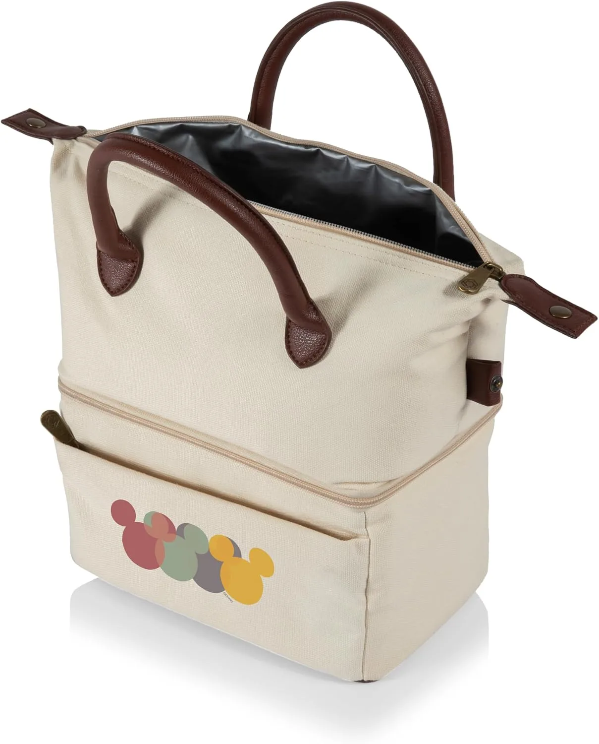 PICNIC TIME Disney Mickey Mouse Urban Lunch Bag Insulated Two Tier Cooler Lunch Tote with Dry Storage and Leatherette Handles Stylish Soft Cooler, (Beige with Brown Accents)