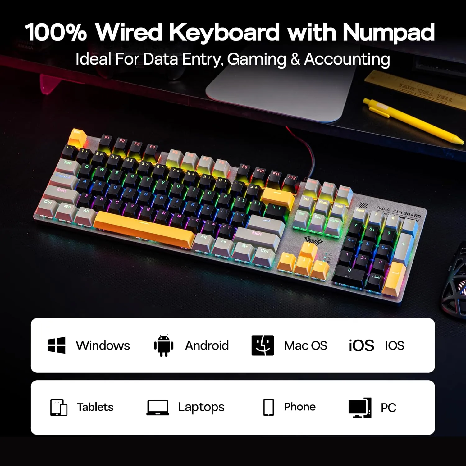 MechLands Aula S500 Wired Gaming Keyboard, 100% Full Size Mechanical Keyboard with Number Pad, 104 Keys, NKRO, RGB Backlits, Shine Through Keycaps, Ergonomic for PC E-Sports (Black&Grey, Blue Switch)