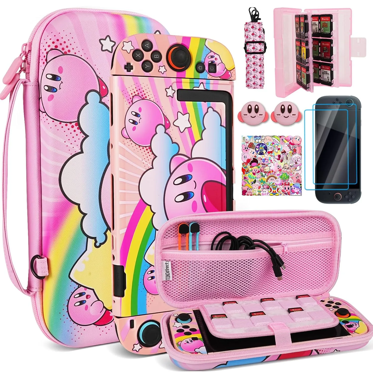 TIKOdirect Carrying Case for Switch 2, Cute Portable Bag Accessories with Soft Protective Case, Screen Protectors and Thumb Grip caps, Game Card Case 7in1, Pink
