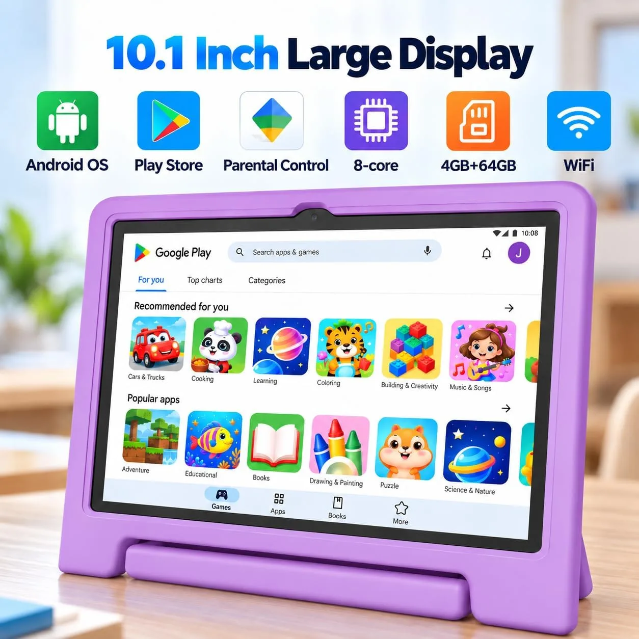 JREN
10.1"
Android
15
Tablet
with
Case,
64GB
Storage,Octa-Core
Purple