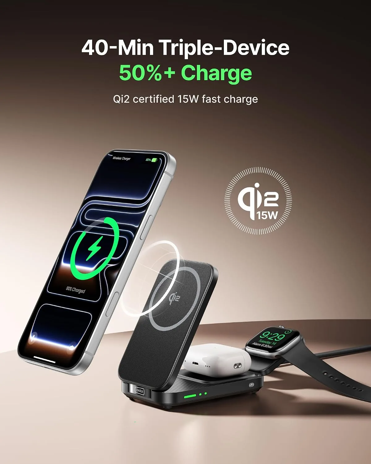 INIU 3 in 1 Foldable Wireless Charging Station, 15W Fast Mag-Safe Charger