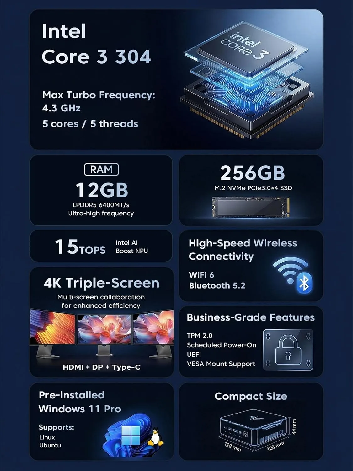 KAMRUI Pinova P2 Intel Core 3 304 Mini PC 12GB RAM 256GB SSD