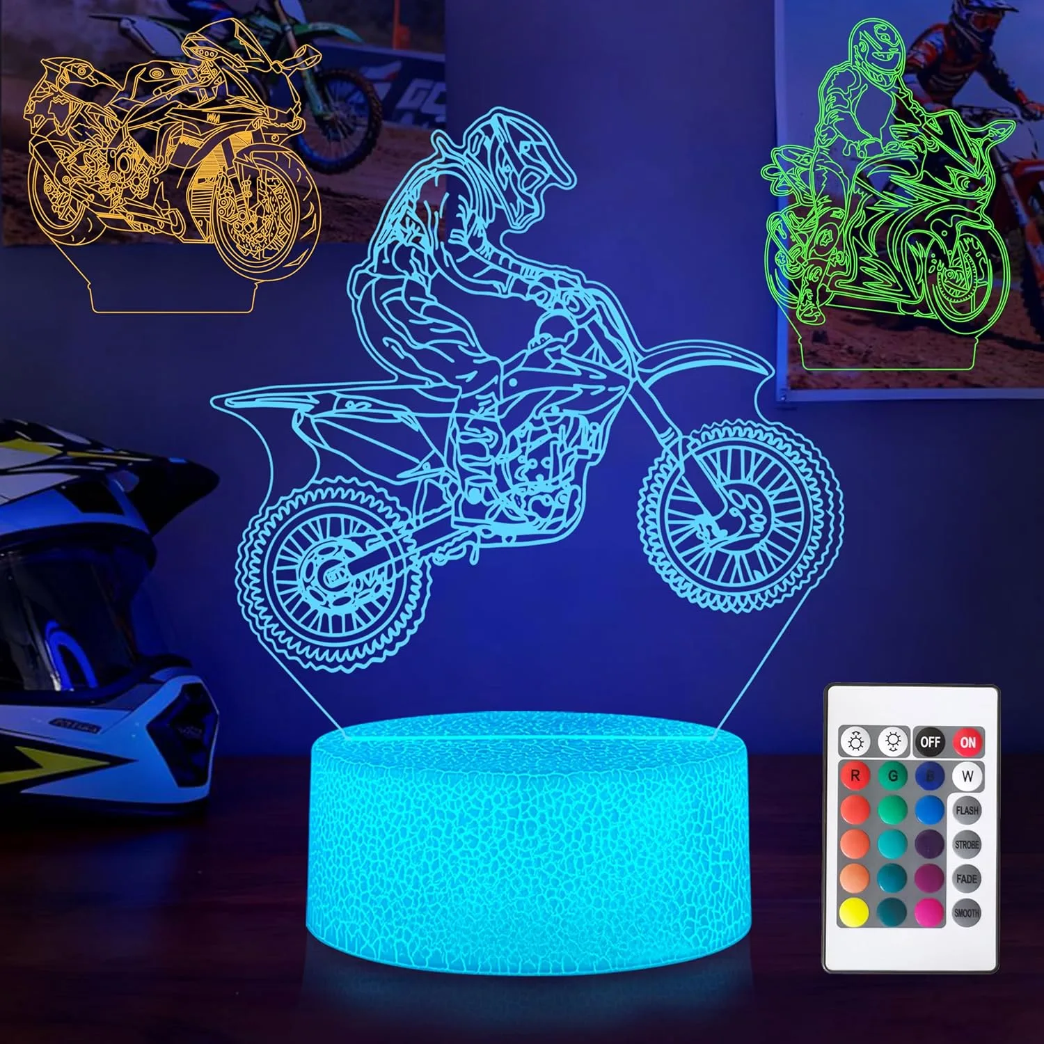 Dirt Bike Lamp for Boys, 3D Acrylic Motorcycle Illusion Night Light with 3 Patterns, 16 Colors Changing & Remote Control, Birthday Holiday Gift for Dirt Bike Fans, Kids Room Decor