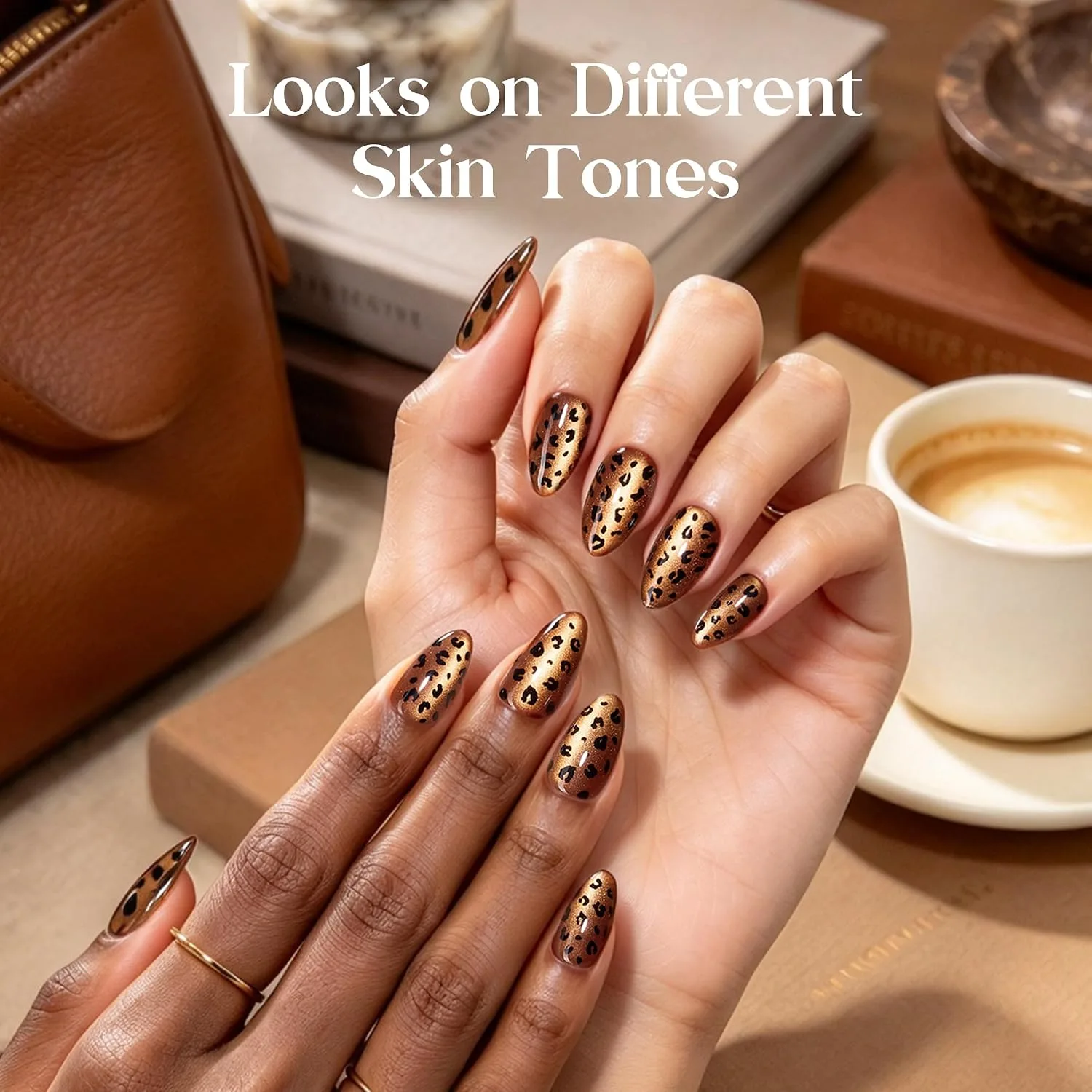 Beetles Leopard Cat Eye Press On Nails, Short Almond, 32 Count