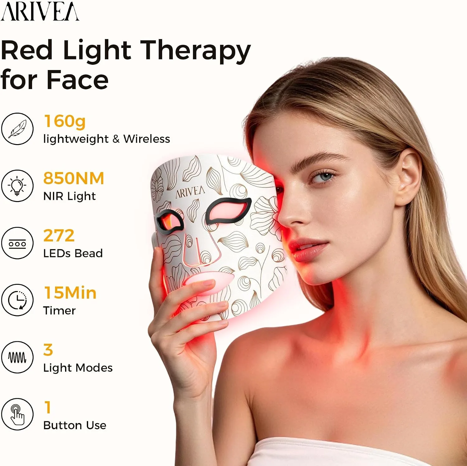 ARIVEA Red Light Therapy Mask for Face, 850nm NIR & Red, Blue LED 3 Lights