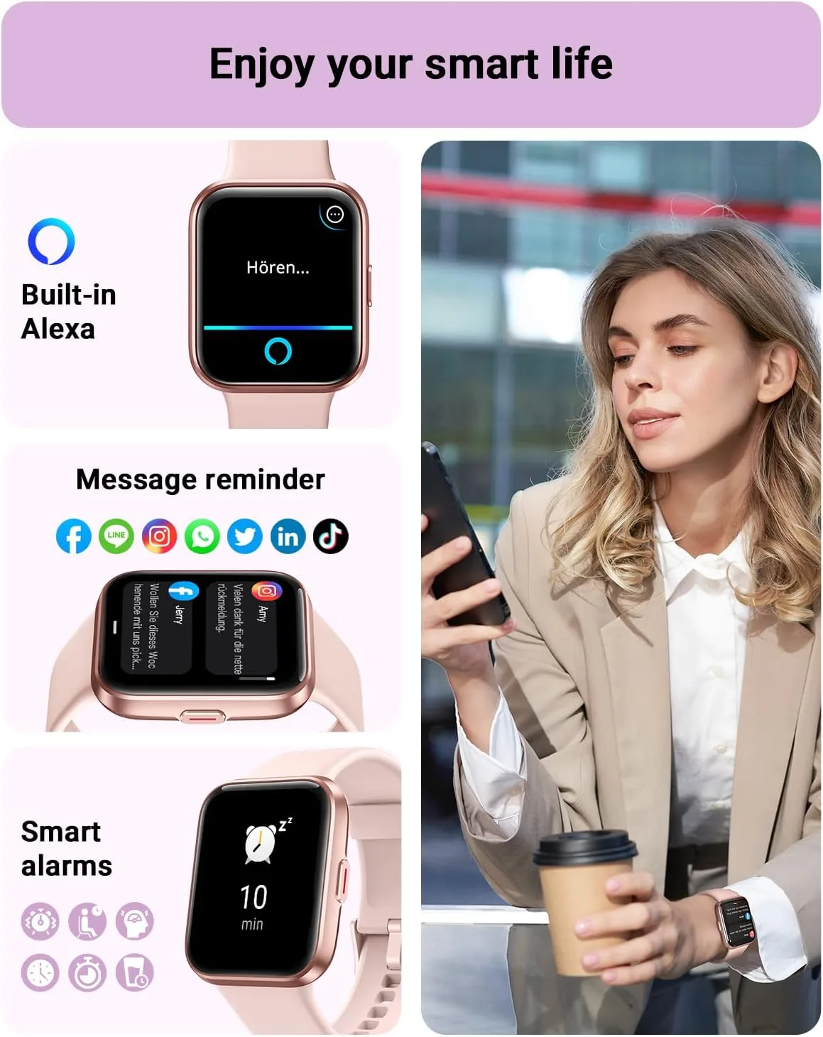 Tensky Smart Watch for Women Android & iPhone, Alexa Built-in, 1.8" Touch Screen Fitness Tracker with Answer/Make Calls, 3ATM Waterproof Heart Rate/Sleep/SpO2 Monitor, Pedometer, 100+ Sport Modes
