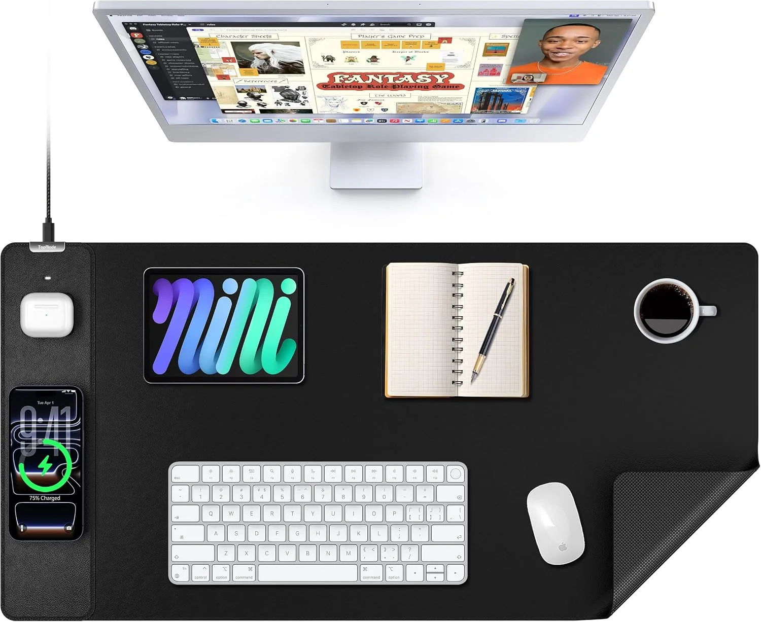 Mouse Pad with 15W Wireless Charging, XXL Large Leather Desk Mat, Black