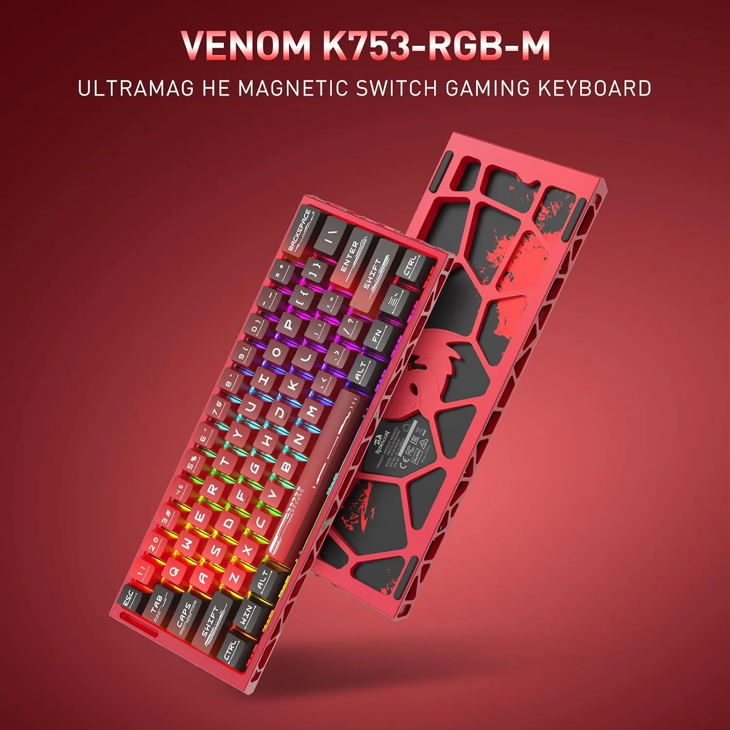 Redragon K753 HE Rapid Trigger Gaming Keyboard, 60% 61 Keys Wired Mechanical Keyboard w/Hype-Red Hollowed-Out Aluminum Base, Next-Gen UltraMag 100% POM Silky Rappid Trigger Magnetic Switch