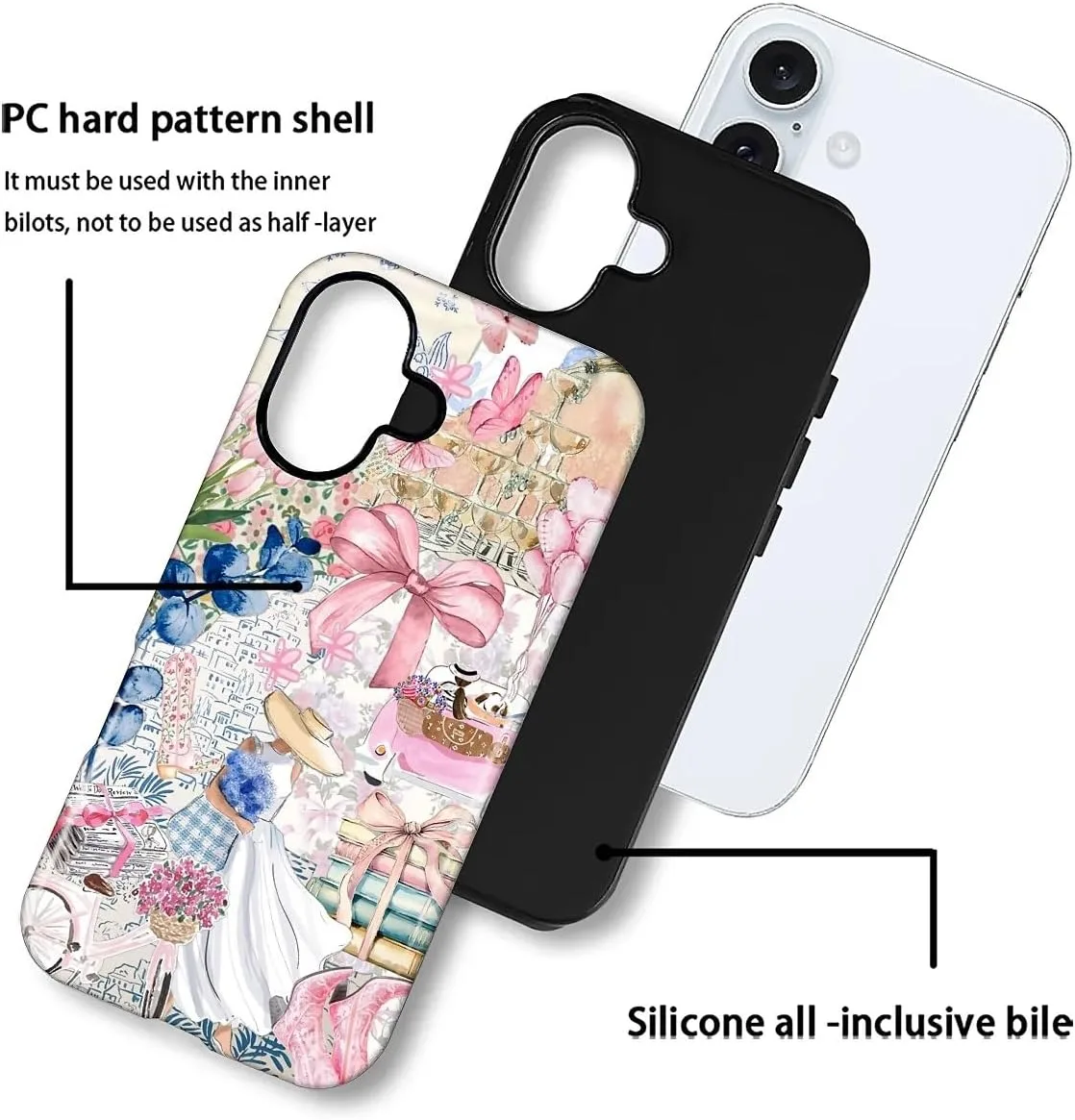 DAIZAG Case for iPhone 16,Mixed 2 Layer Design Shockproof Soft TPU Ddouble Protection Phone Case for iPhone 16-Magazine Books Flower Bow Collage