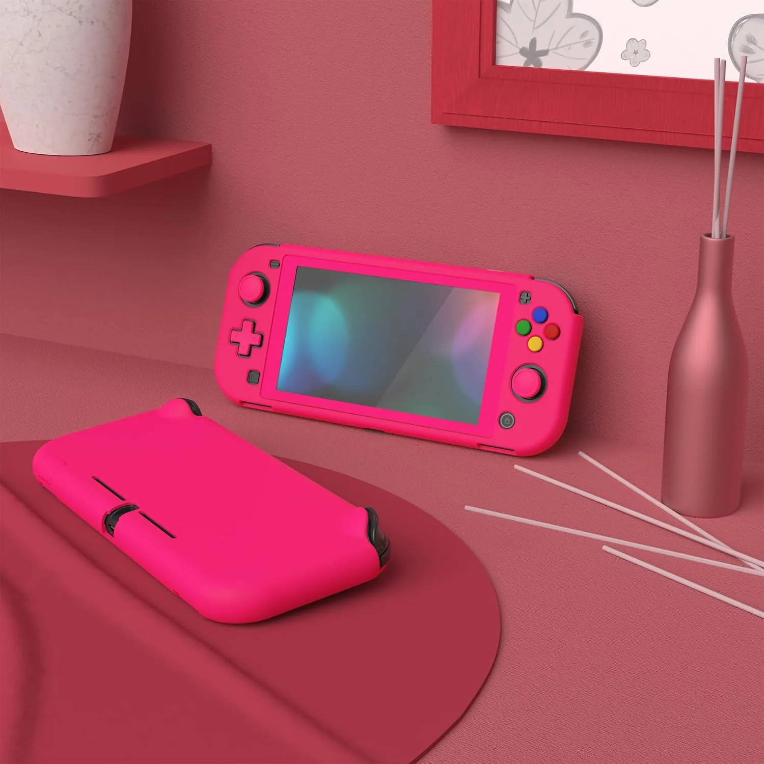 eXtremeRate PlayVital Protective Grip Case for Nintendo Switch Lite, Hard Cover Protector for Nintendo Switch Lite - Screen Protector & Thumb Grips & Buttons Caps Stickers Included - Bright Pink