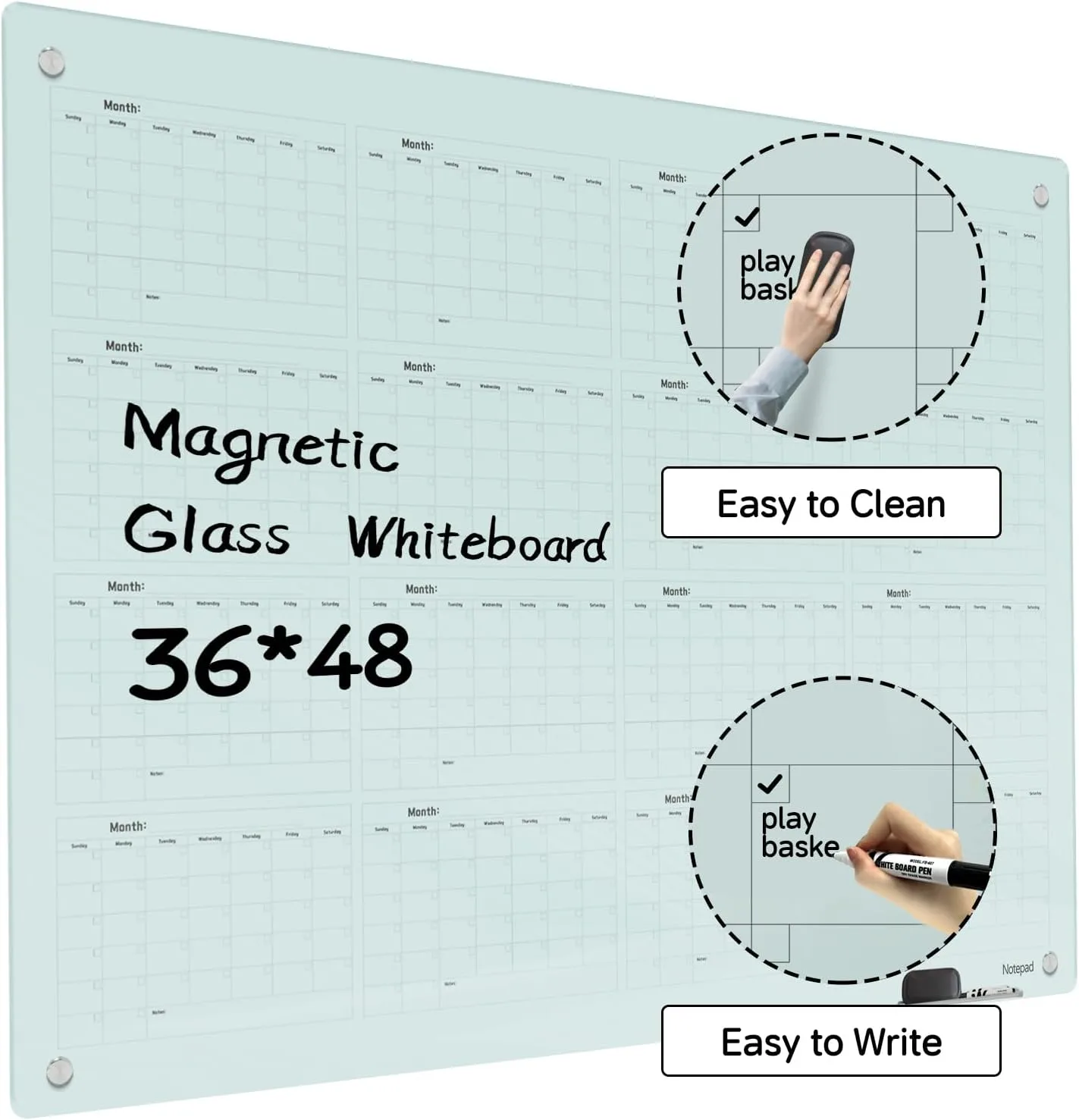 Magnetic Glass Dry Erase Board Calendar- White Board 48 x 36 Inch Wall Mounted Yearly Whiteboard, Large Frameless Glass White Board for Wall Office, Home & School