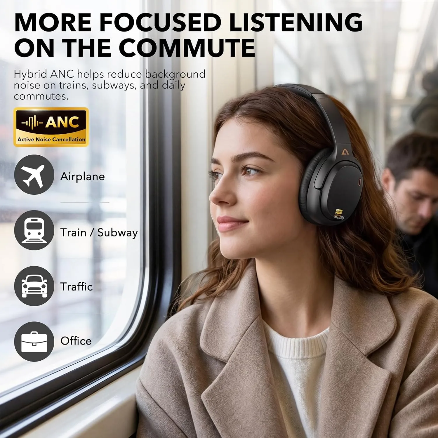 1Mii Noise Canceling Headphones Wired & Wireless for Airplane Travel, Black