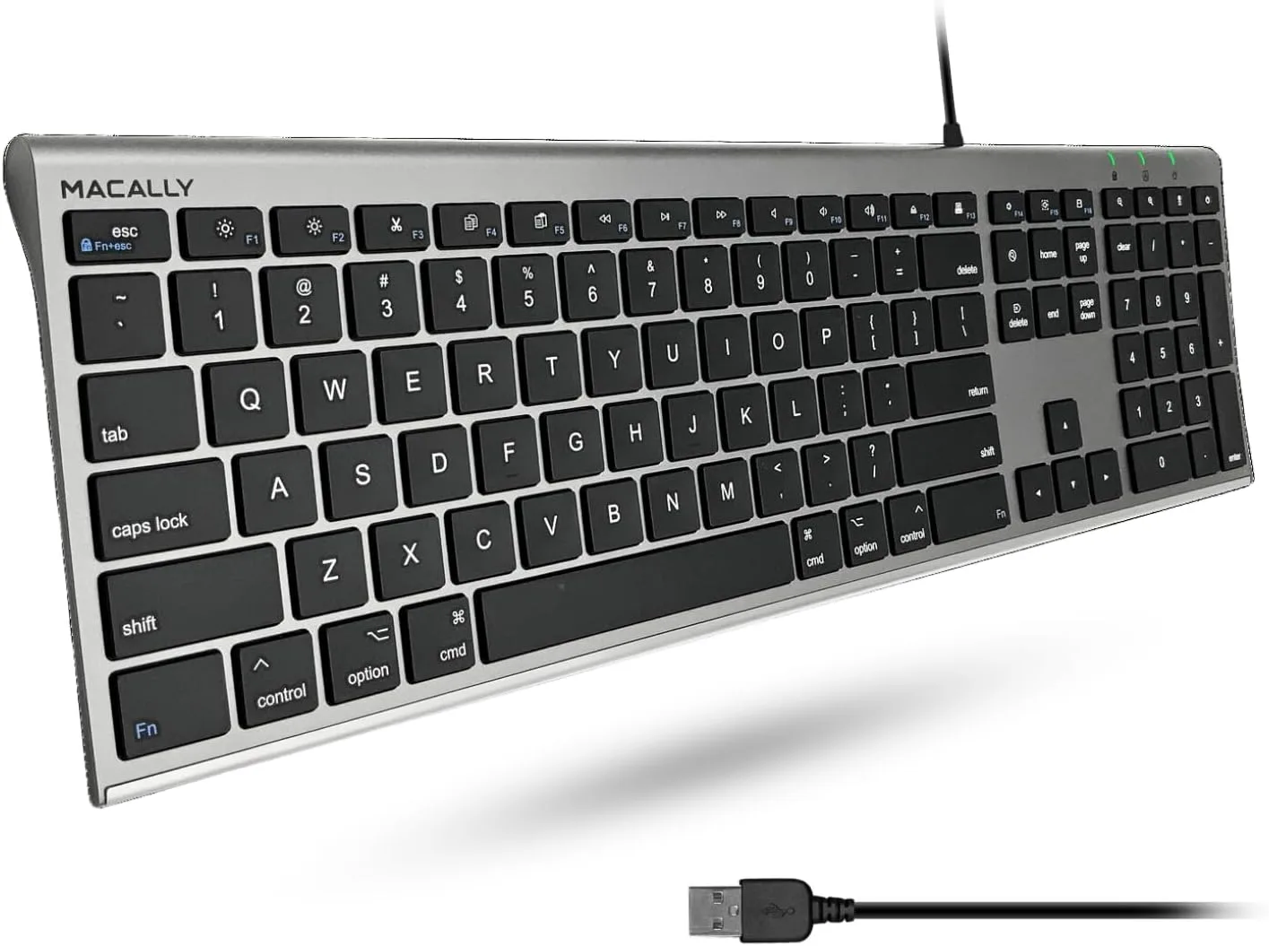 Teclado USB con cable Macally Ultra-Slim para Mac y Windows con teclado numérico Gris Espacial
