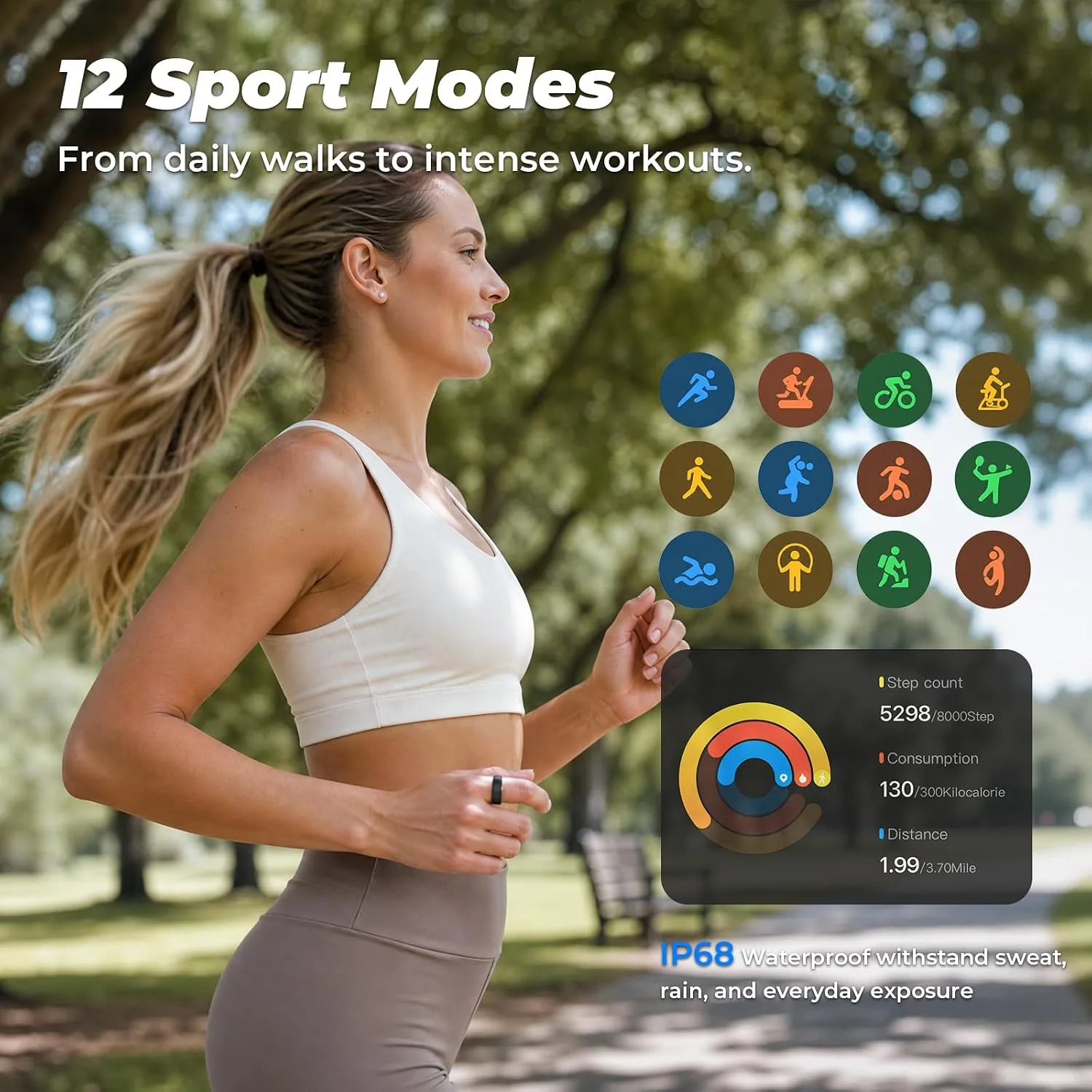 Smart Ring for Women Men, Sleep Tracker, 12 Sports Modes, Size 9 Black