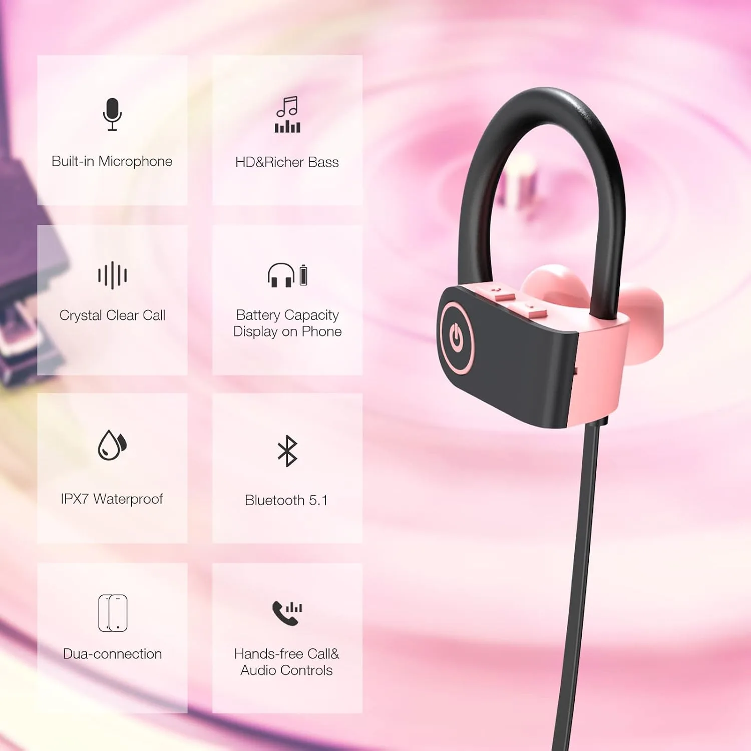 Boean Bluetooth Headphones - IPX7 Waterproof Running Sports Earphones for Women & Girls with 16 Hrs Playtime