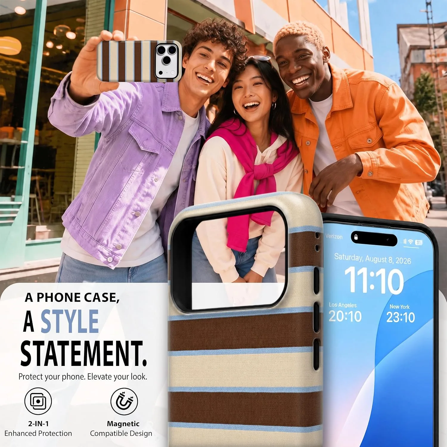 Magnetic for iPhone 17 Pro/18 Pro Brown Striped Phone Case Stripes