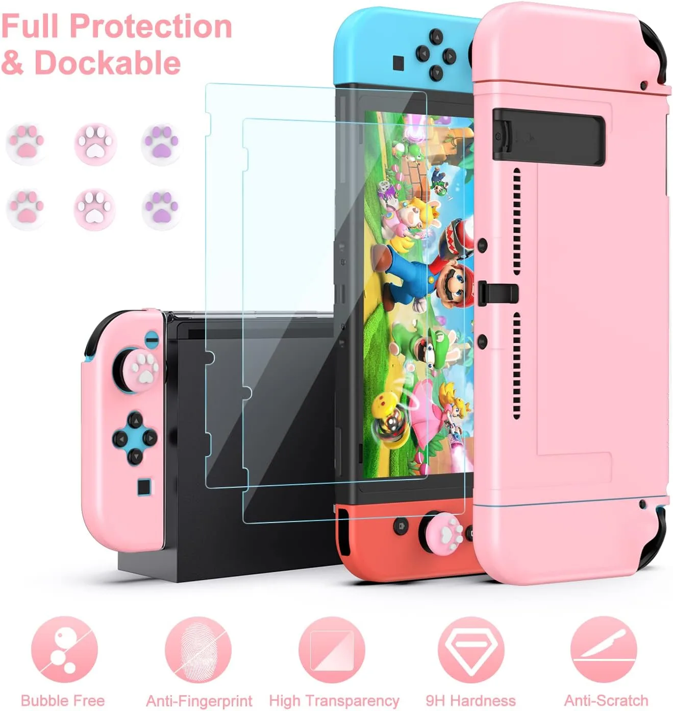 innoAura Switch Case 19-in-1 Bundle for NS Switch (2017), with Carrying Case, Game Organizer, Screen Protector, Stand and Thumb Grips, Pink