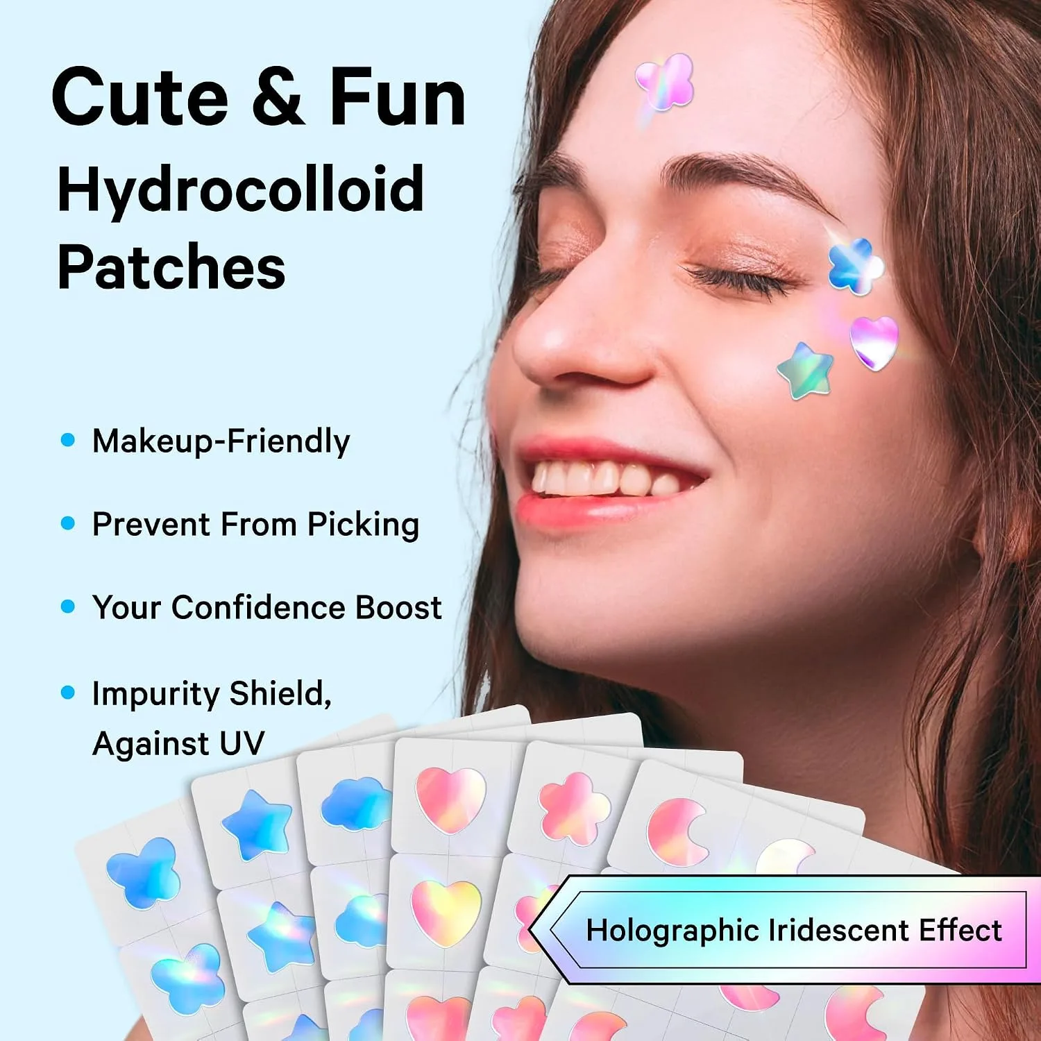 Sosky Holographic Star Pimple Patches, Hydrocolloid Acne Patches, 144 Count Blue Star Heart Moon Cloud Butterfly Flower