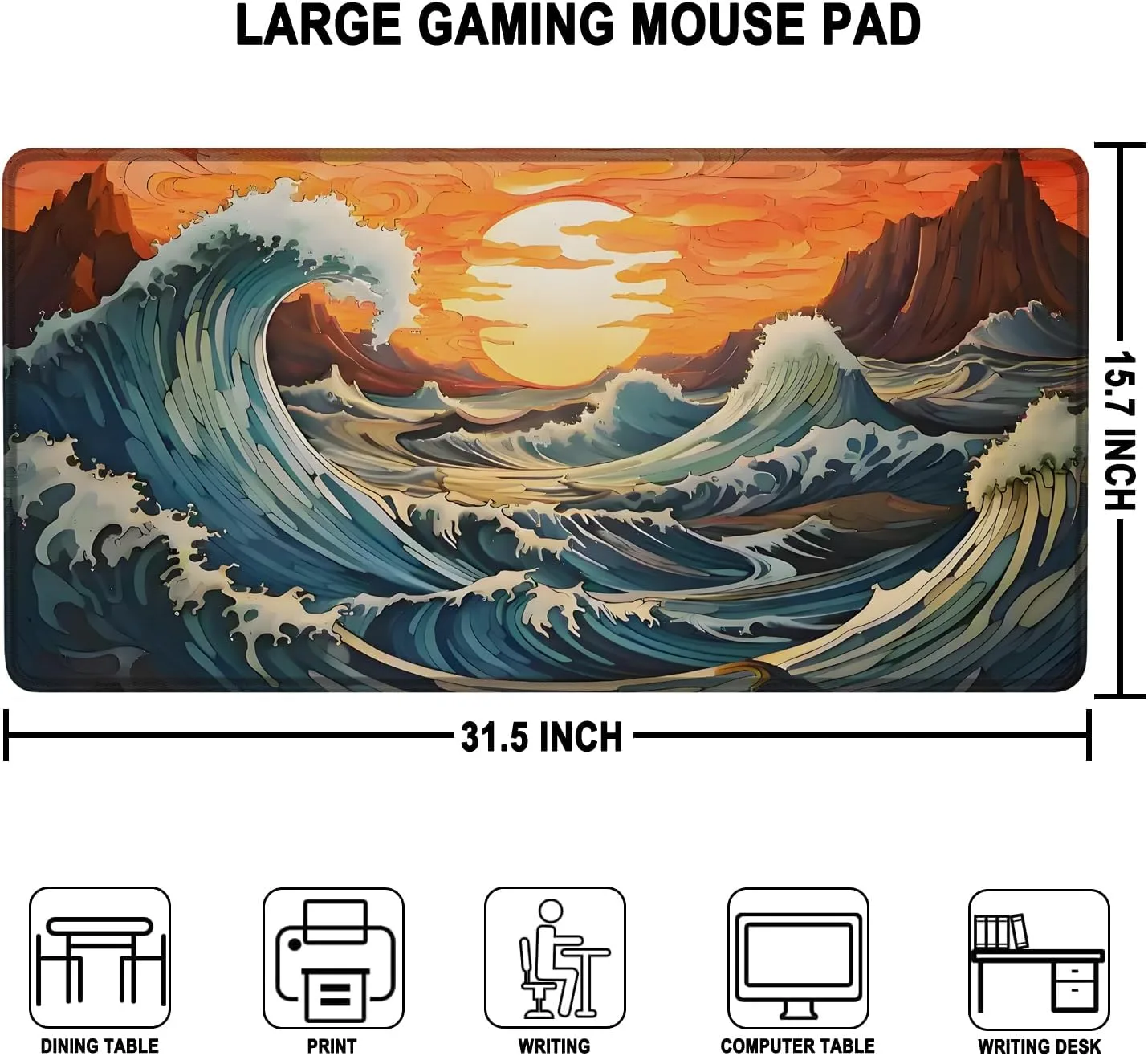 Gaming Mouse Pad, Waterproof Extra Large Mousepad with Stitched Edges, 31.5" x 15.7" Non-Slip Rubber Base Office Big Long Keyboard Pad for Office Gamer Home XXL, (Waves Sunset)