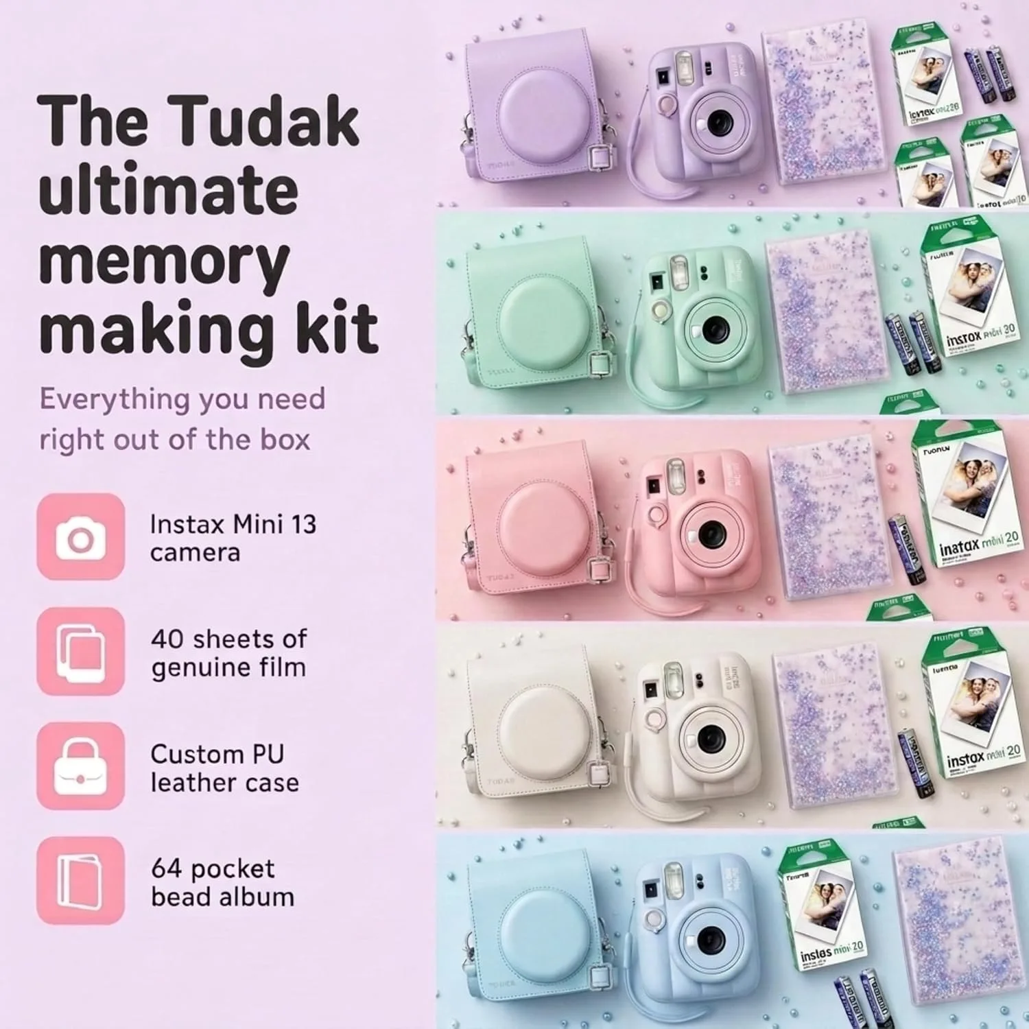 Fujifilm Instax Mini 13 Instant Camera Clay White + Fuji Film Value Pack (40 Sheets) + Tudak Accessories Bundle, Incl. Compatible Carrying Case, Quicksand Beads Photo Album 64 Pockets
