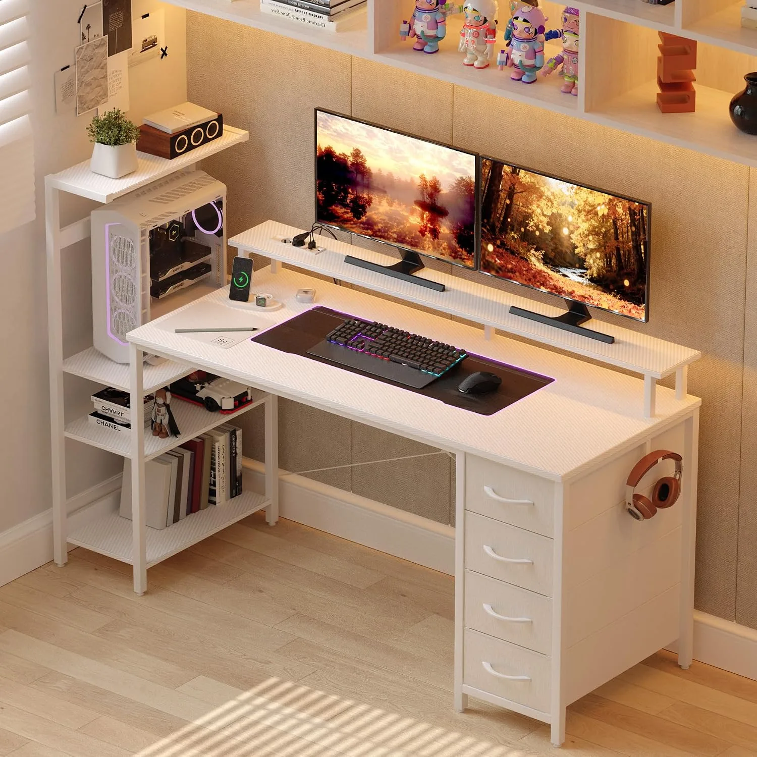 51 Inch Gaming Desk with Drawers & PC Tower Stand & LED Lights, White