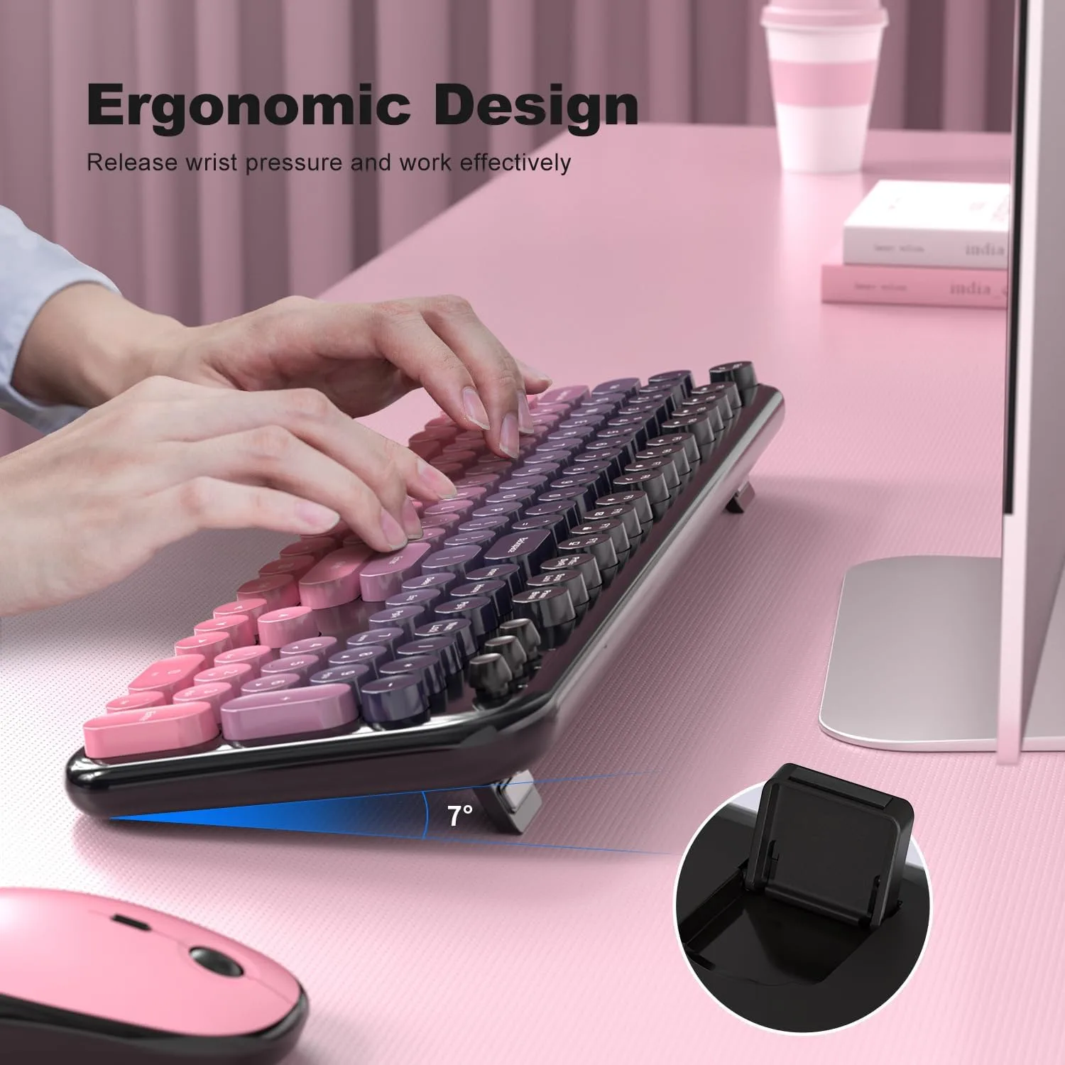 MOFII Wireless Keyboard and Mouse Combo, Full Size 2.4G Retro Round Computer Keyboard and Mouse Set, Plug and Play, for Windows, Computer, Desktop, PC, Notebook - (Lovely Plum Pink Gradient)