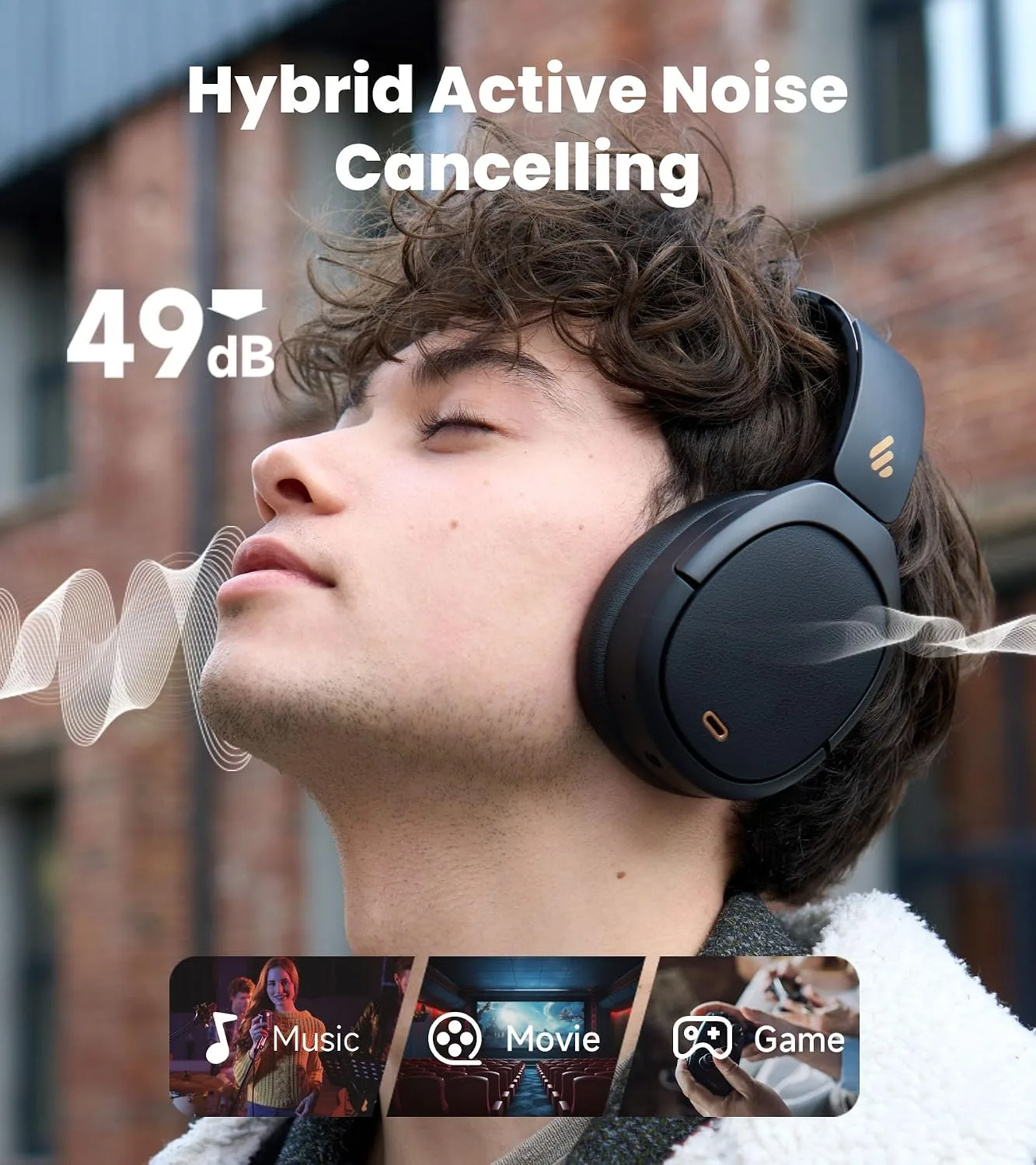 Edifier W80 Over Ear Headphones with -49dB Active Noise Cancelling, Black