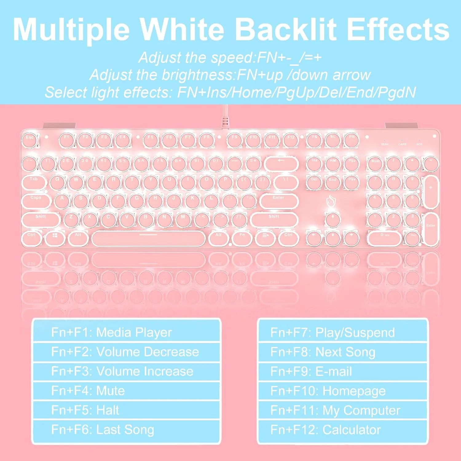 YSCP Typewriter Style Mechanical Gaming Keyboard White Backlit Wired with Blue Switch Retro Round Keycap 104 Keys Keyboard (Pink)