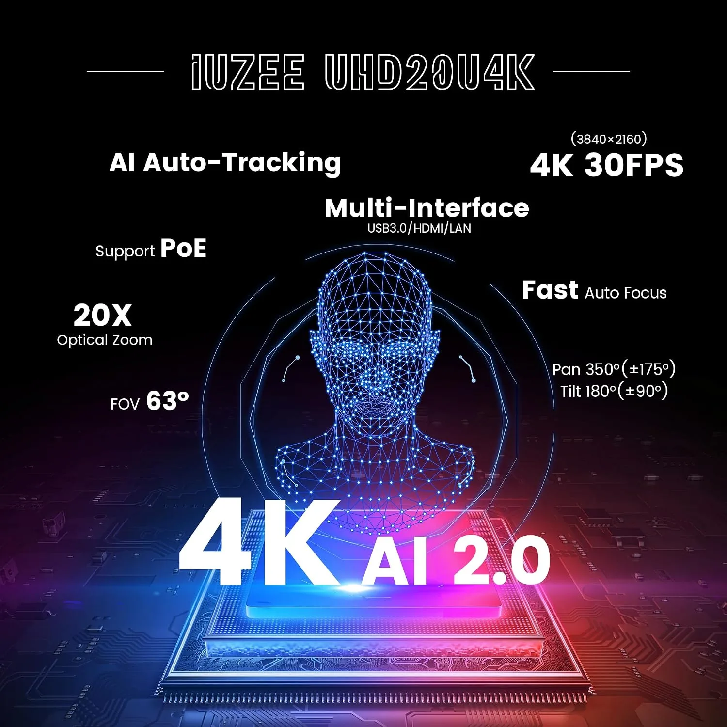 4K UHD PTZ Camera AI-Auto Tracking, 20X Optical Zoom, USB3.0/HDMI/LAN PoE, IP Live Streaming, PTZ Conference Room Camera for Church Services Education Conference Events, Work with YouTube OBS