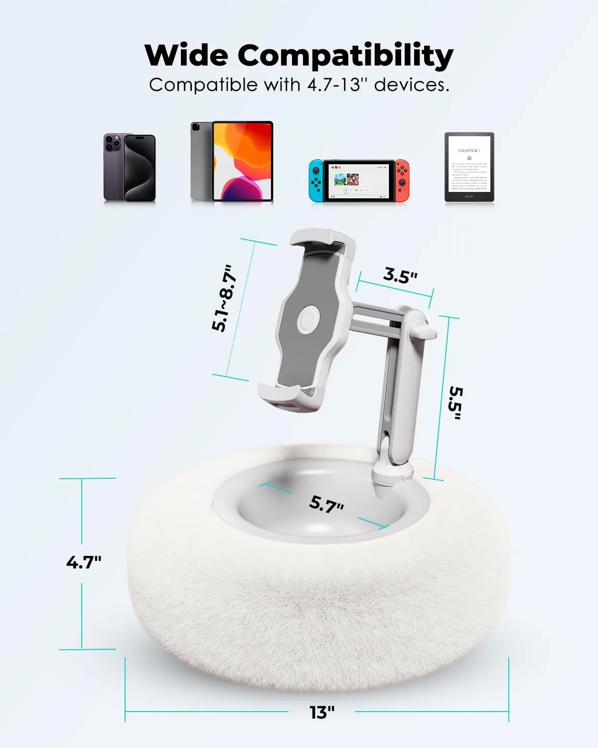 Viozon Tablet Stand Pillow, Compatible with 4.7"-13" Phone/Tablet, iPad, iPhone, Samsung, Google, Kindle, 360°Adjustable Phone Holder for Bed with Soft Plush Fabric, and Detachable Bowl, White