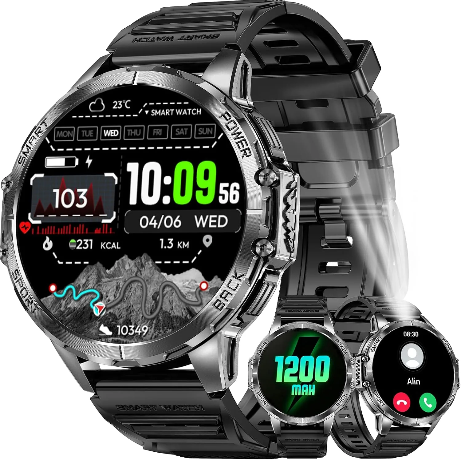 Military Smartwatch for Men, Top-Mounted Flashlight, 1200mAh Battery