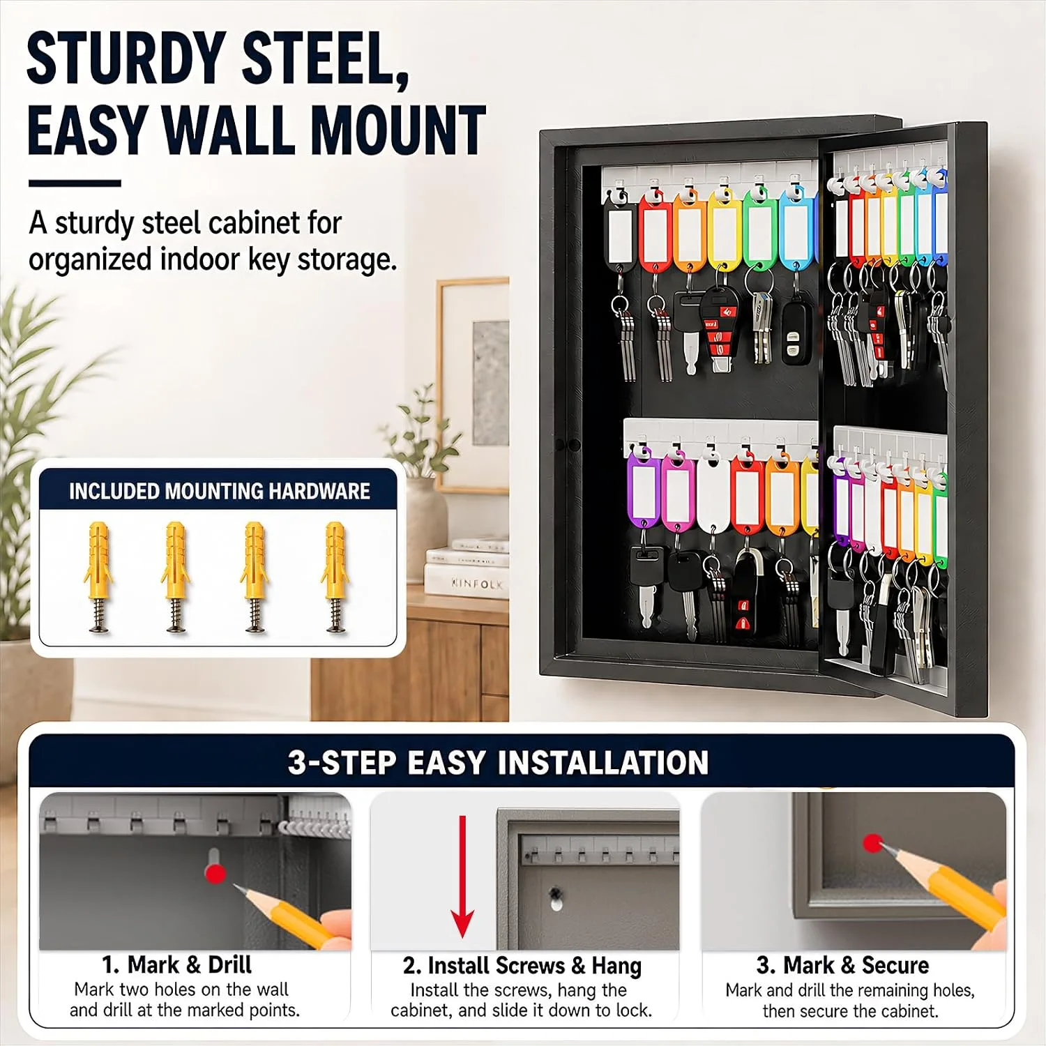 28 Key Lock Box Wall Mount, Steel Security Key Cabinet with Key Tags