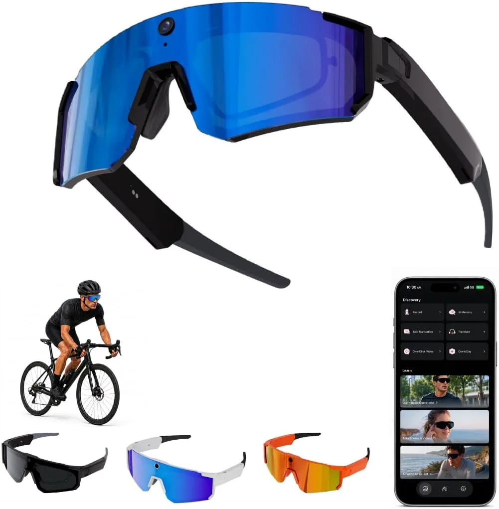 AI Smart Glasses with 32MP & 1200P Video Camera,Waterproof Recording,Voice Assistant,Open-Ear Audio,Dual Mic Noise Reduction,EIS Stabilization,Lightweight & Comfortable Outdoor Sports (Blue)