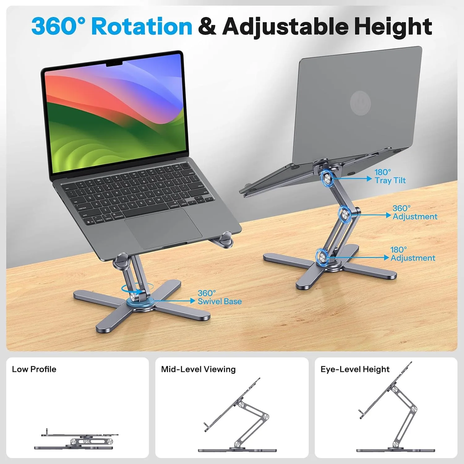 OMOTON LA10 360° Rotating Laptop Stand Riser Foldable for Desk, Space Grey
