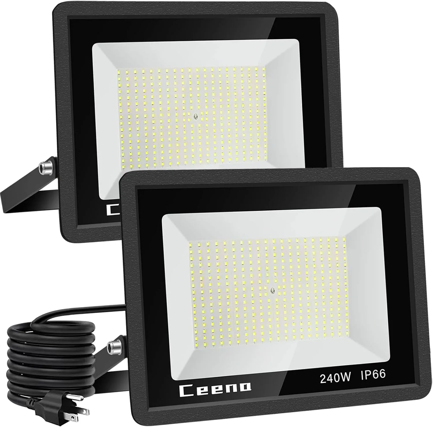 Ceena 2 Pack 240W Plug in LED Flood Light Outdoor, 24000lm Super Bright Floodlight with 5.9FT Wire, IP66 Waterproof 6000K LED Work Light for Basketball Court, Playground, Stadium