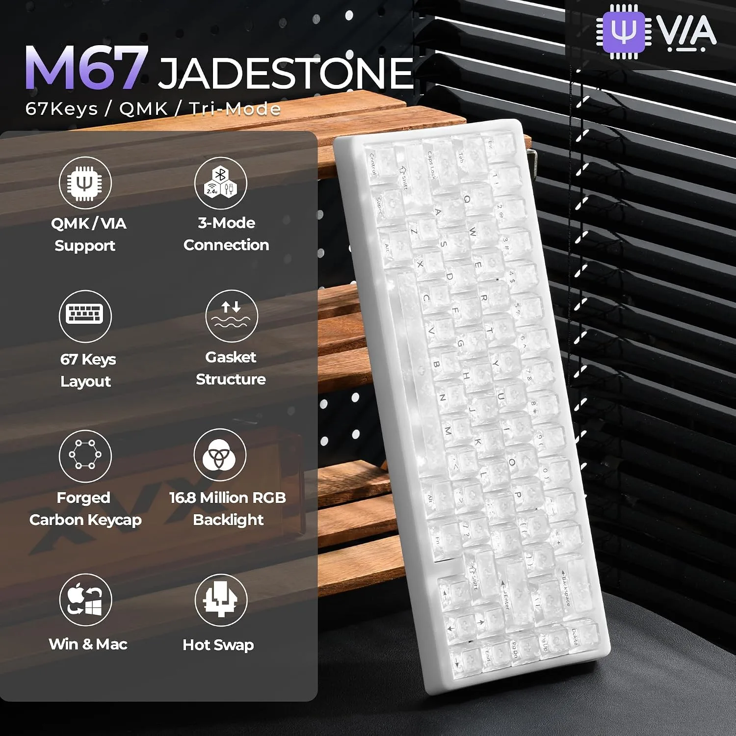HITIME x XVX M67 JadeStone 60% Wireless Mechanical Gaming Keyboard, VIA Programmable, BT5.0/2.4G/USB-C Creamy Keyboard with Gasket, Hot Swap, RGB Backlits, NKRO for Win/Mac (White, Forged Carbon)