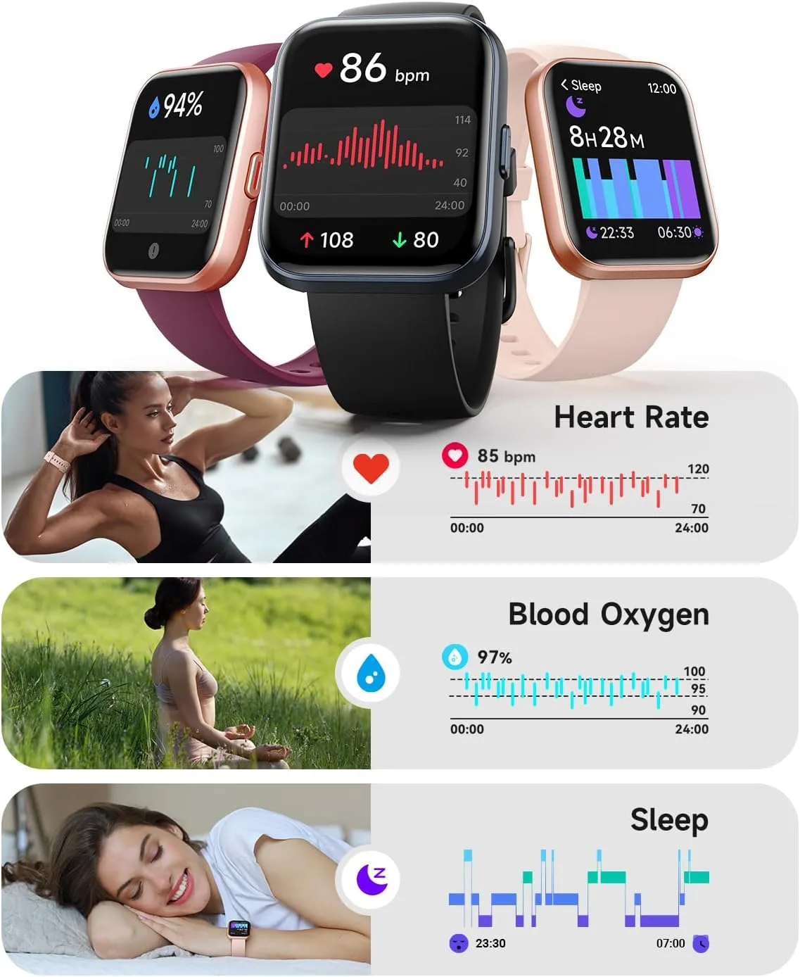 Woneligo Smart Watch for Women, Answer/Make Calls, Alexa Built-in, 1.85" Touch Screen Fitness Tracker for Android & iPhone, Heart Rate/Sleep/SpO2 Monitor Smartwatch, Waterproof (Rose Gold)