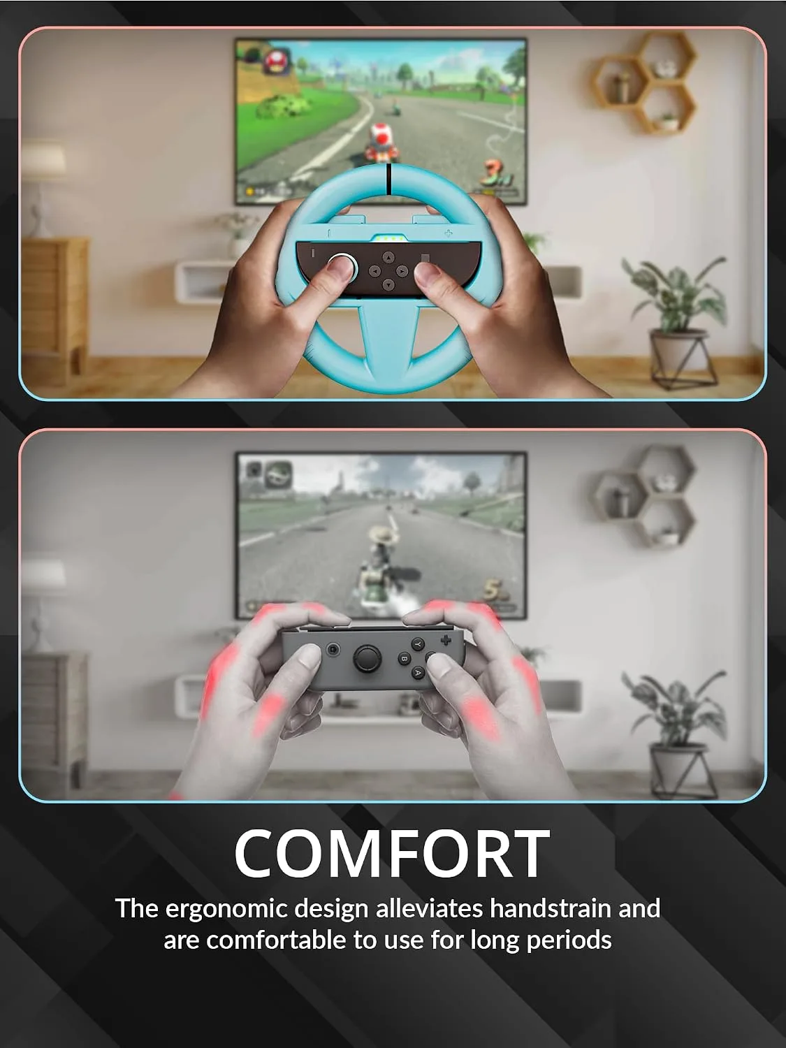 Orzly Steering Wheels Compatible with Nintendo Switch 2 (2025 Console) Twin Pack Racing Wheel Accessories for Joy Con Controllers and MarioKart Racing Games (1 Red 1 Blue) Gift Boxed