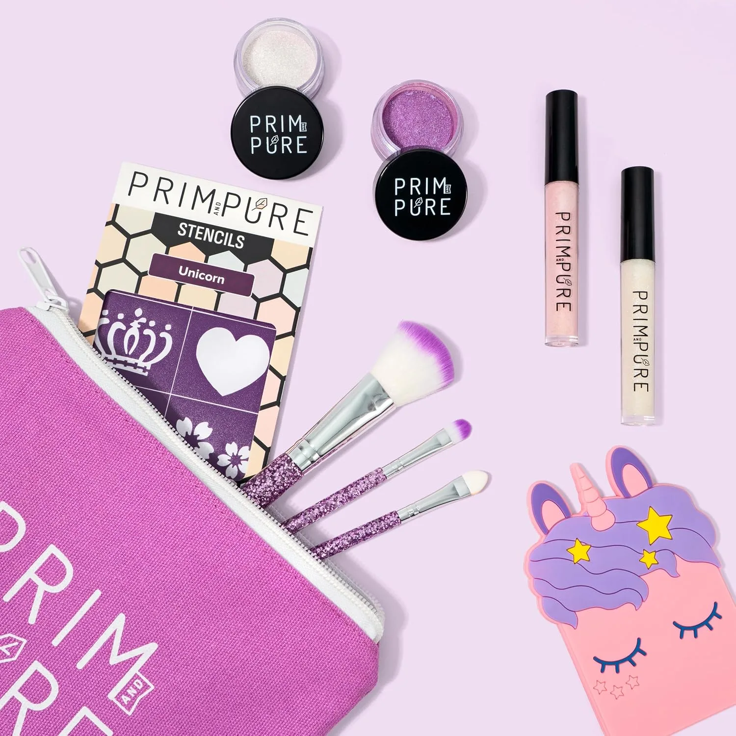 Prim and Pure Mineral Gift Set with Unicorn Mirror| Perfect for Play Dates & Birthday Parties | Kids Eyeshadow Makeup – Mineral | Organic & Natural Makeup Kit for Kids| Made in USA (Purple)