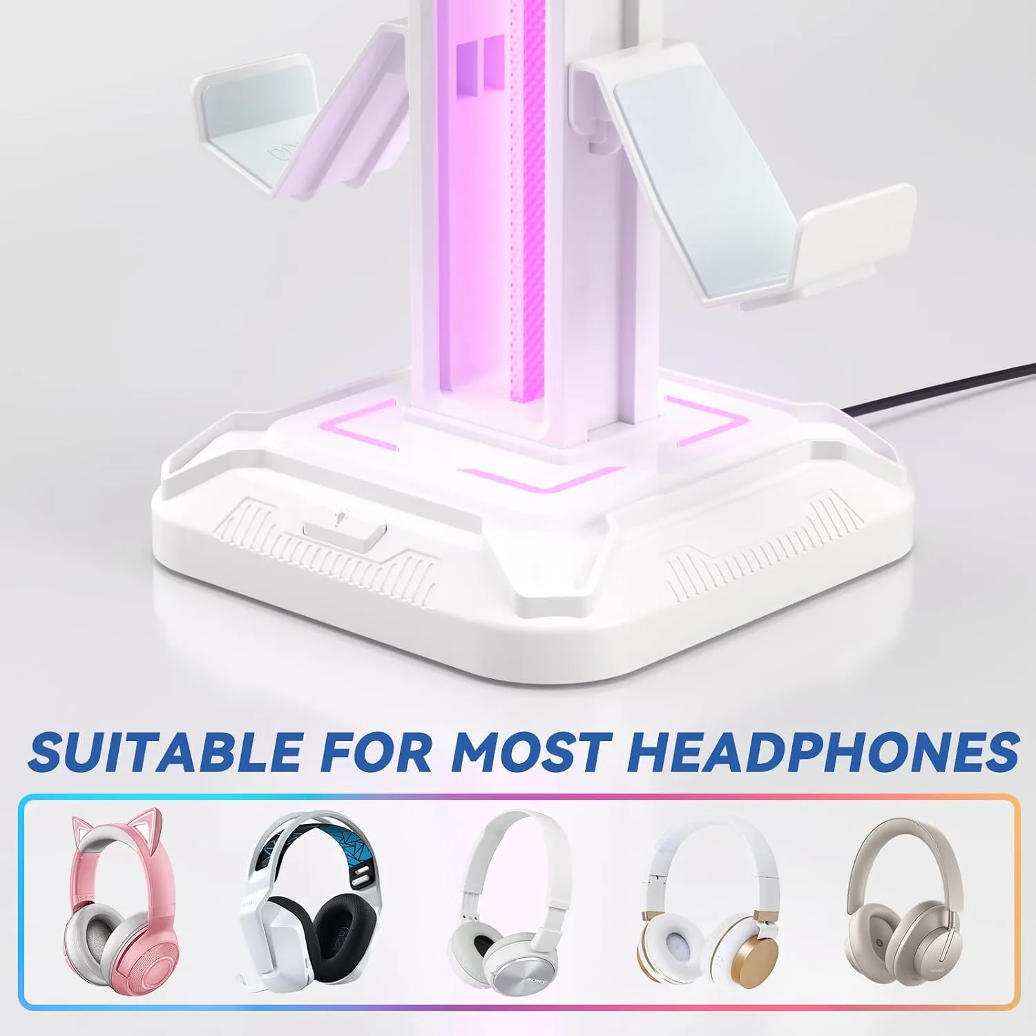 KDD RGB Headset Stand with 9 Light Modes - Controller Holder for Desk - Rotatable Headphone Stand & Detachable Controller Hook for PC Earphone Accessories(White)
