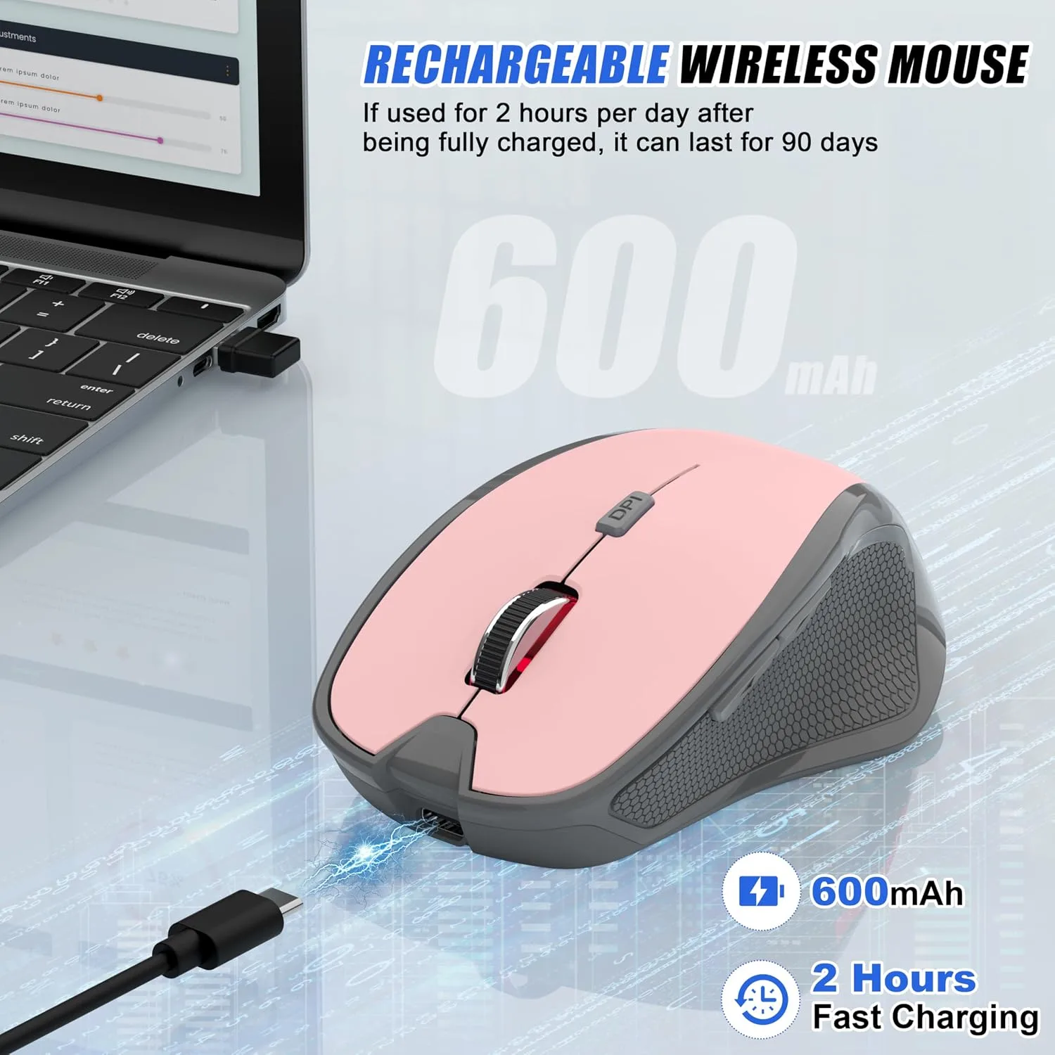 Bluetooth Wireless Mouse for Mac MacBook Air iPad Pro PC, Ergonomic Rechargeable Computer Mouse with Jiggler Mode, 3 DPI Levels & Forward/Back Buttons Laptop Mice for Office/Home/School, Pink