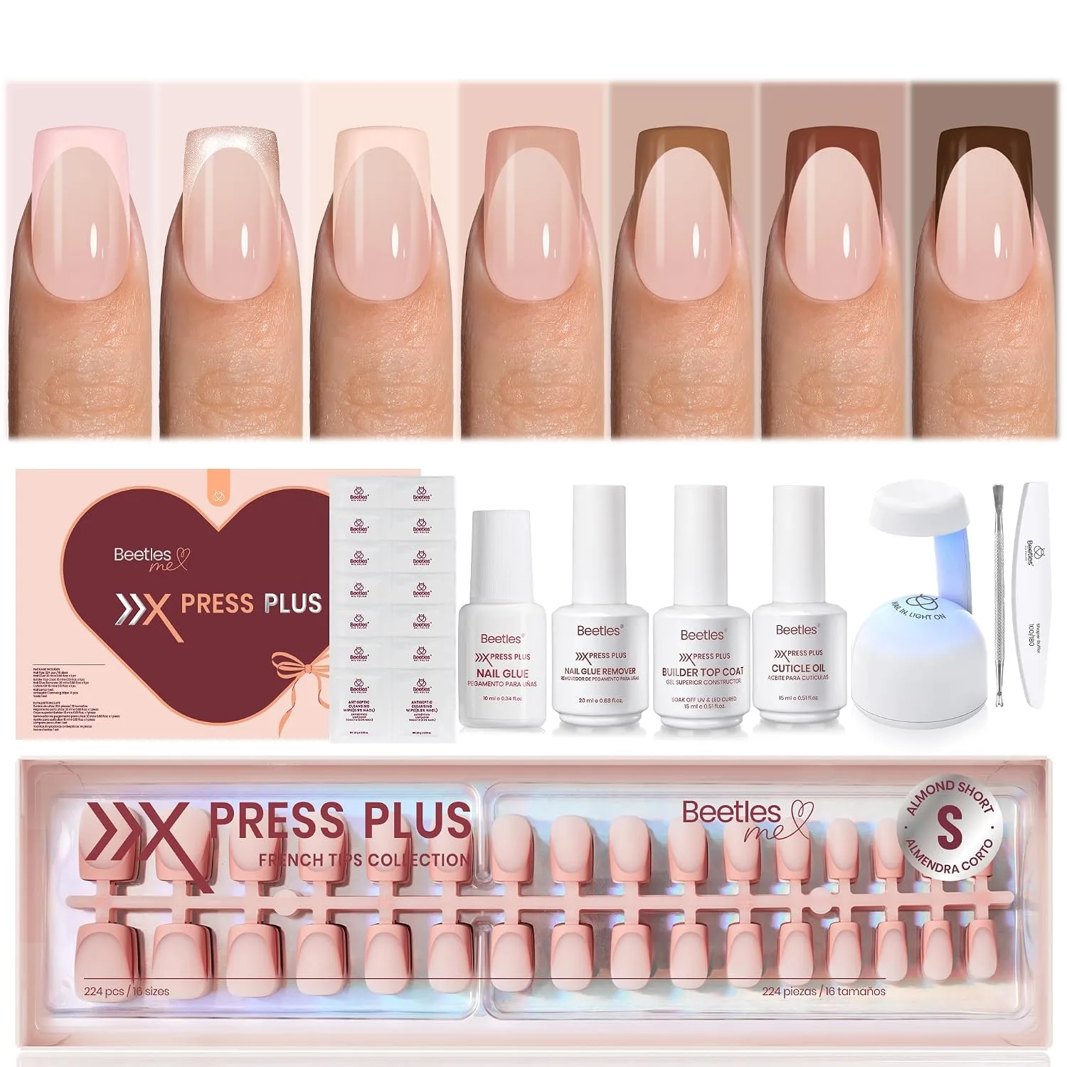 Beetles Full Press On Nails Kit - 7 Colors Short Square French Tip, 224Pcs