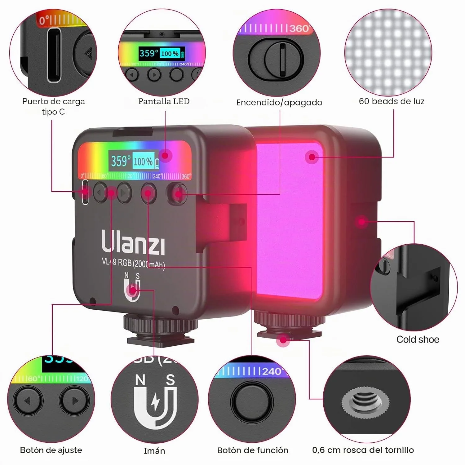 ULANZI VL49 RGB Video Lights LED Camera Light with 3 Cold Shoe & 1/4 Screw