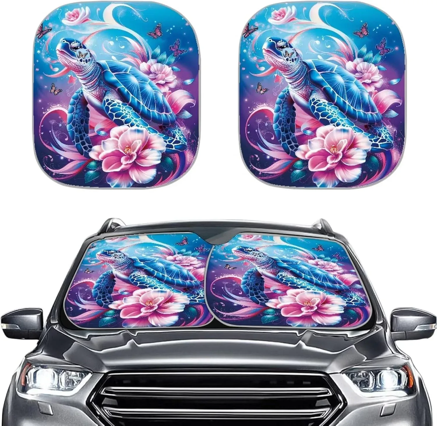 YMPUDXFI Boho Flower Sea Turtle Sun Shade for Car Windshield 2 Pcs Front Window Sunshade Cover Animal Sea Turtle Car Accessories Set Foldable Sun Visor Protector Cover Universal Fit for Most Sedans