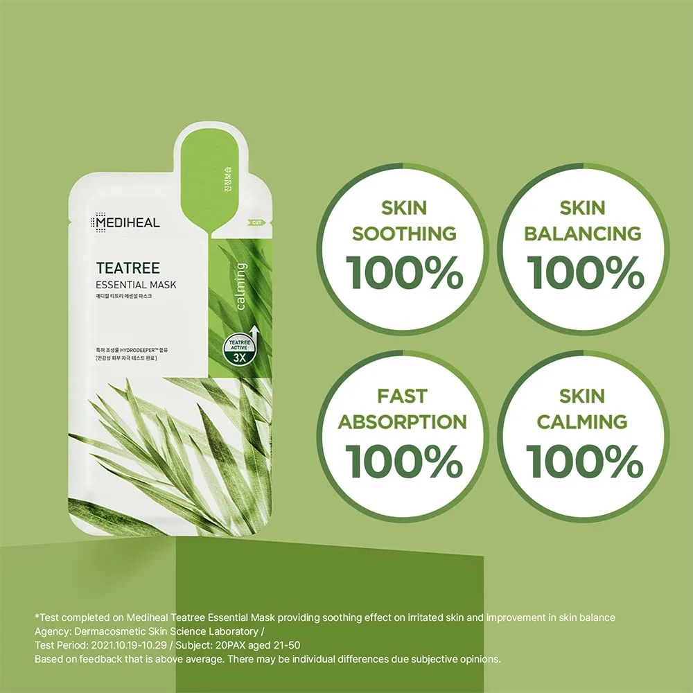 Mediheal Best Korean Sheet Mask - Tea Tree Essential Face Mask 10 Sheets For All Skin Types Korean Best Sheet Mask Soothing Calming