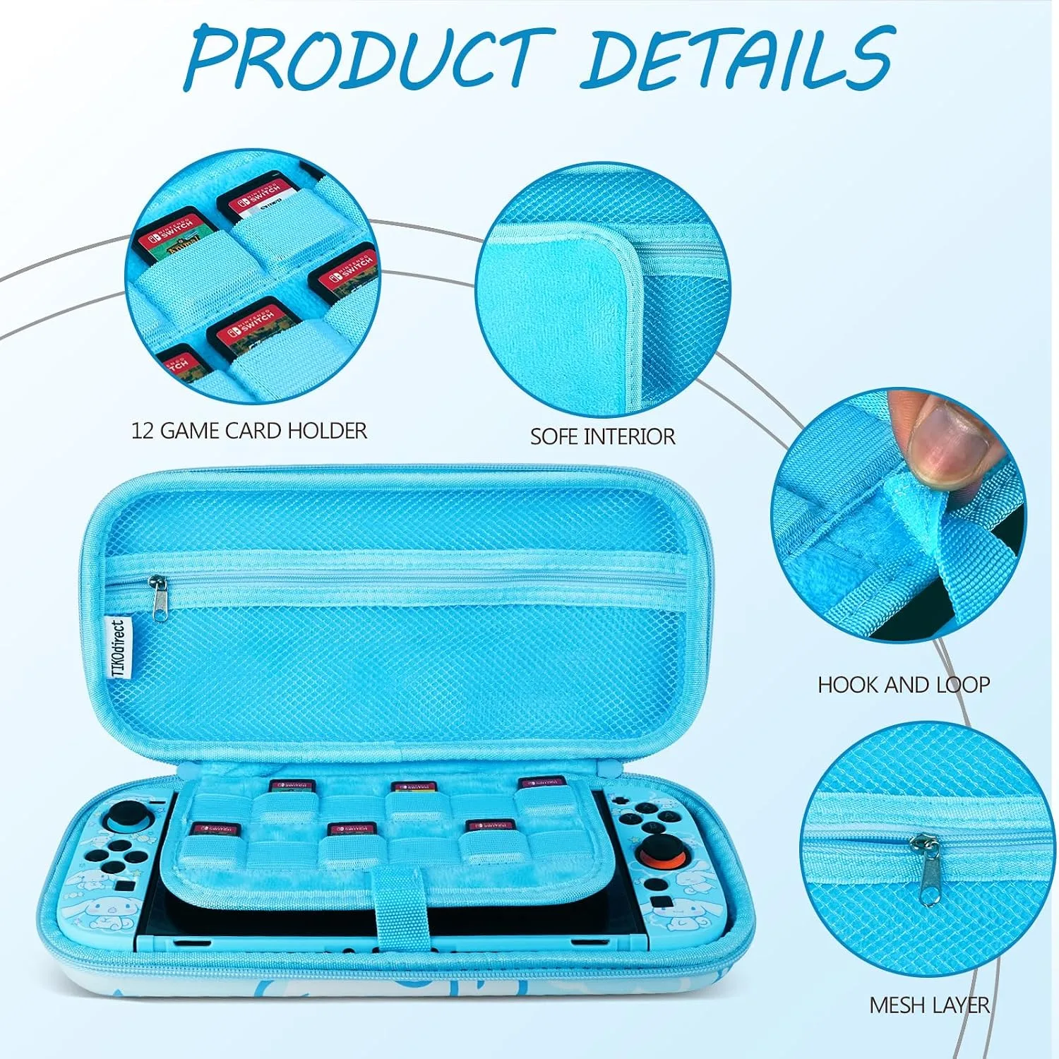 TIKOdirect Carrying Case for Switch 2, Cute Portable Bag Accessories with Soft Protective Case, Screen Protectors and Thumb Grip caps, Game Card Case 7in1, Blue
