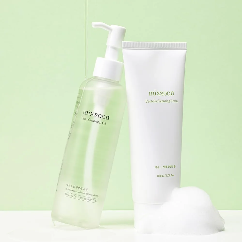 mixsoon Double Cleansing Set 2-Step Routine, Cica Foam & Bean Cleansing Oil Face Wash Set Gentle Deep Clean and Hydrating Care 150ml / 5.07 fl.oz., 195ml / 6.59 fl.oz. Korean Glass Skin Care