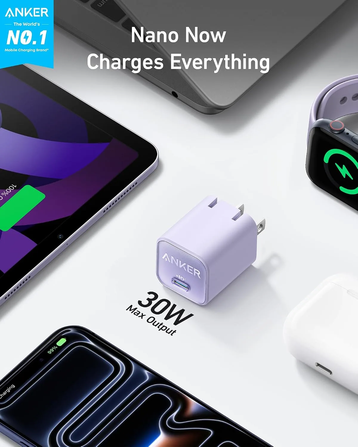 Anker Nano Phone Charger, 30W Portble and Foldable USB C GaN Charger (Purple)