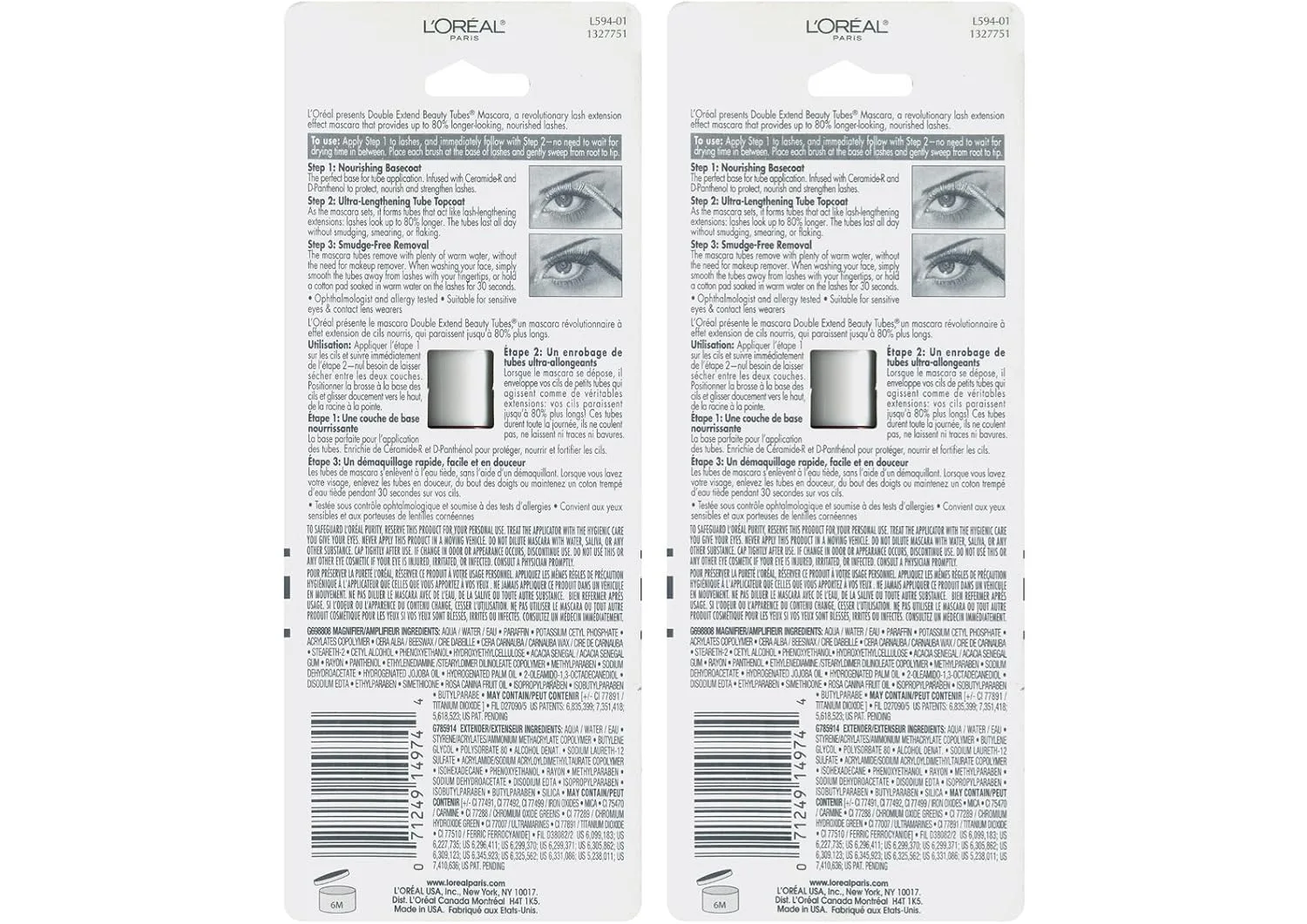 L'Oreal Paris Makeup Double Extend Tubing Mascara, Lengthening 2 Step Mascara, Smudgeproof, Blackest Black, Pack of 2