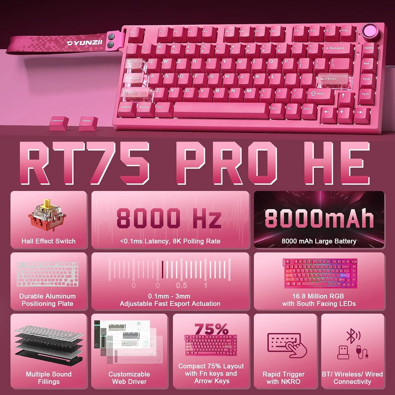 YUNZII RT75 PRO Dual 8K Wireless Gaming Keyboard (Pink,Red Switch)